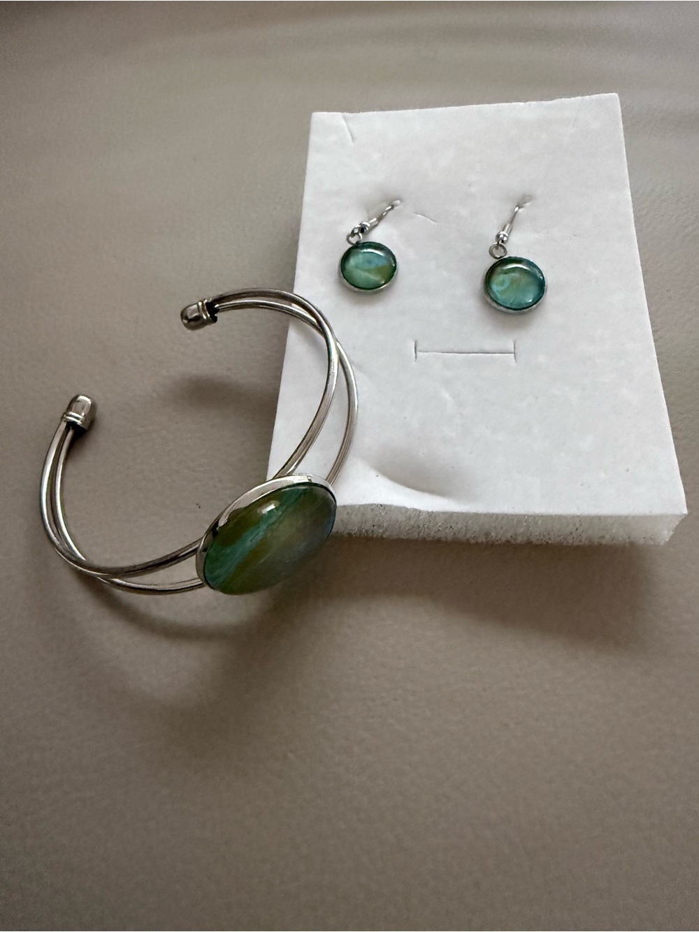 Silver Cuff Bracelet and Drop Earrings Set with Hand painted Green Glass Cabocho
